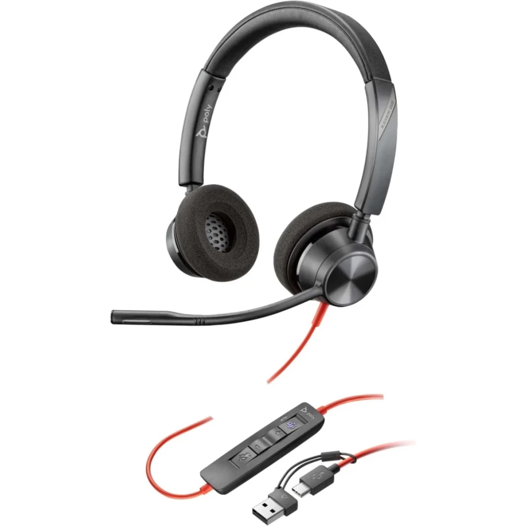 Poly Blackwire 3320 Wired Dual-Ear Boom Mic USB-C Headset + USB-C/A Adapter Noise-Canceling Mic For PC & Mac & Mobile Works with Teams (Certified)