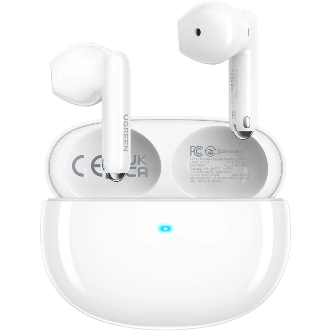 UGREEN WS201 HiTune H5 Headphone Semi-in-ear Earphone, Bluetooth 5.3, 4 Mics Noise Cancelling Headset, 26H Play Time Fast Charging, 13.6mm Large Driver, Lightweight IPX5 Waterproof Game Mode - White