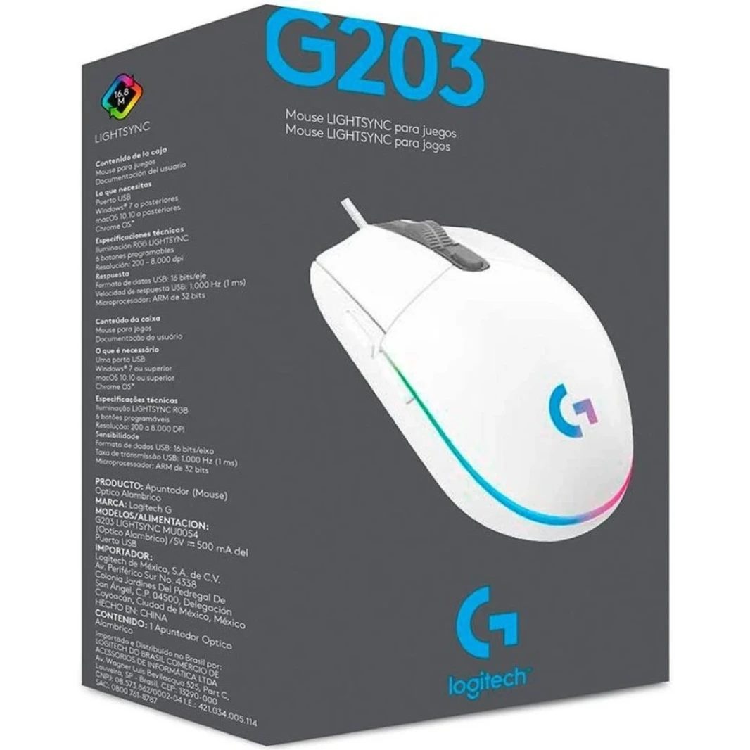 Logitech G203 Wired Gaming Mouse ، 8000 DPI ، تأثير قوس قزح بصري Lightsync RGB ، 6 أزرار قابلة للبرمجة ، ذاكرة على متن الطائرة ، رسم خرائط الشاشة ، كمبيوتر الكمبيوتر/جهاز MAC و COMPATOP - أبيض متوافق