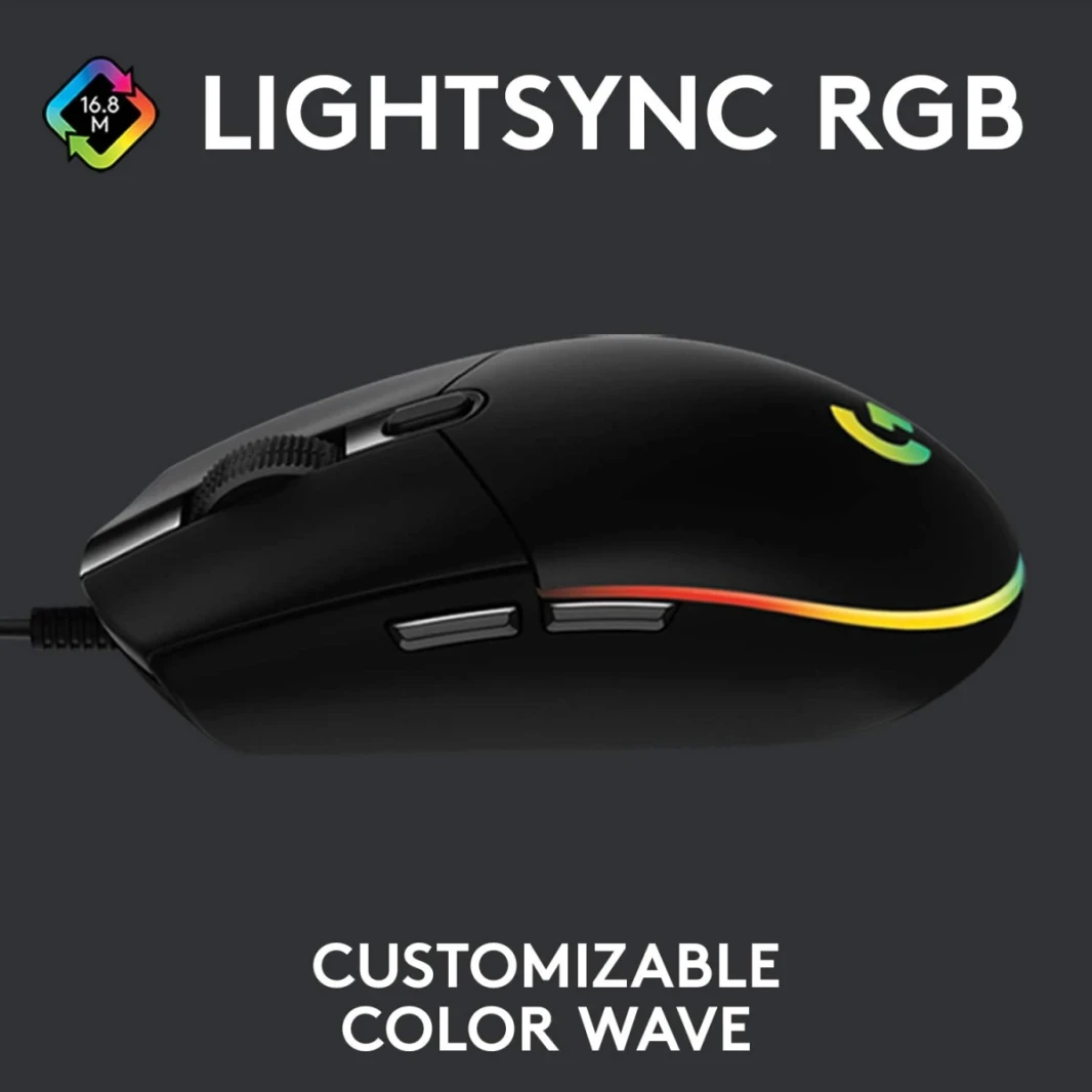 Logitech G203 Wired Gaming Mouse ، 8000 DPI ، تأثير قوس قزح بصري Lightsync RGB ، 6 أزرار قابلة للبرمجة ، ذاكرة على متن الطائرة ، رسم خرائط الشاشة ، الكمبيوتر/MAC Compatible والكمبيوتر المحمول - Black