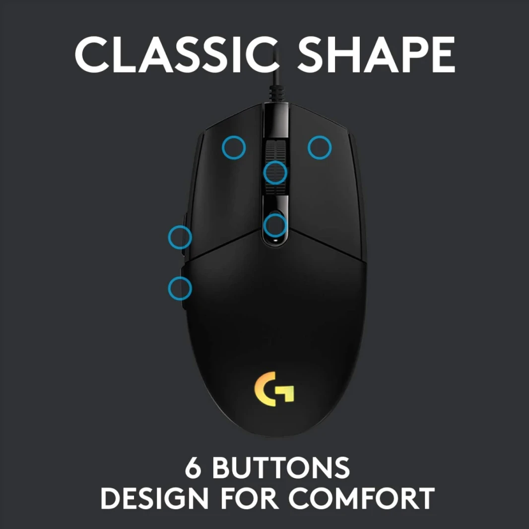 Logitech G203 Wired Gaming Mouse ، 8000 DPI ، تأثير قوس قزح بصري Lightsync RGB ، 6 أزرار قابلة للبرمجة ، ذاكرة على متن الطائرة ، رسم خرائط الشاشة ، الكمبيوتر/MAC Compatible والكمبيوتر المحمول - Black