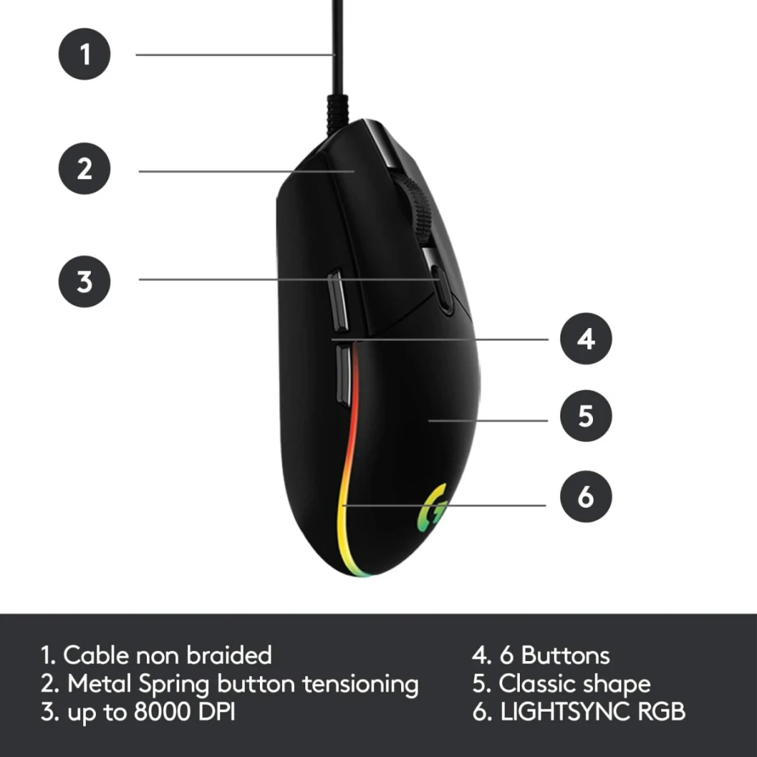 Logitech G203 Wired Gaming Mouse ، 8000 DPI ، تأثير قوس قزح بصري Lightsync RGB ، 6 أزرار قابلة للبرمجة ، ذاكرة على متن الطائرة ، رسم خرائط الشاشة ، الكمبيوتر/MAC Compatible والكمبيوتر المحمول - Black
