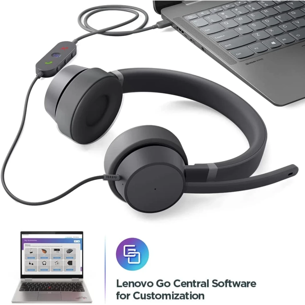 Lenovo Go USB C Active Novening Develing Headset Rotatable Boom Mic معتمدة لفرق Microsoft - Gray