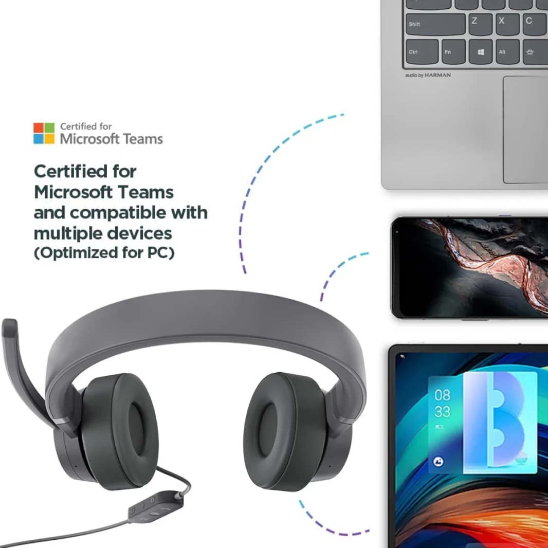 Lenovo Go USB C Active Novening Develing Headset Rotatable Boom Mic معتمدة لفرق Microsoft - Gray