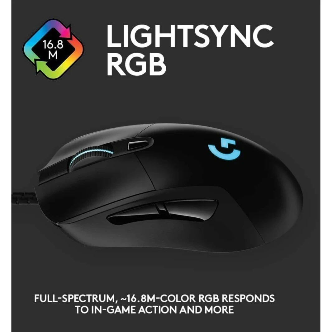Logitech G403 Hero 25K Gaming Mouse ، Lightsync RGB ، خفيفة الوزن 87G+10G اختياري ، كابل مضفر ، 25 ، 600 نقطة في البوصة ، قبضة الجانب المطاطي ، الأسود
