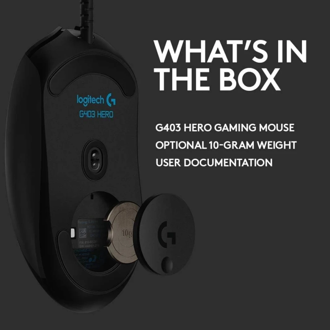 Logitech G403 Hero 25K Gaming Mouse ، Lightsync RGB ، خفيفة الوزن 87G+10G اختياري ، كابل مضفر ، 25 ، 600 نقطة في البوصة ، قبضة الجانب المطاطي ، الأسود