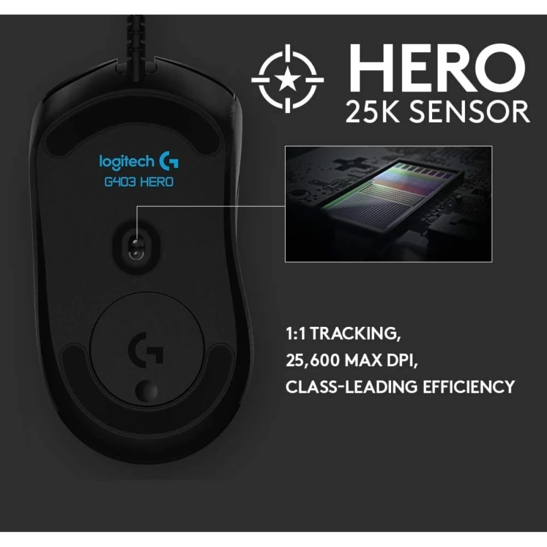 Logitech G403 Hero 25K Gaming Mouse ، Lightsync RGB ، خفيفة الوزن 87G+10G اختياري ، كابل مضفر ، 25 ، 600 نقطة في البوصة ، قبضة الجانب المطاطي ، الأسود