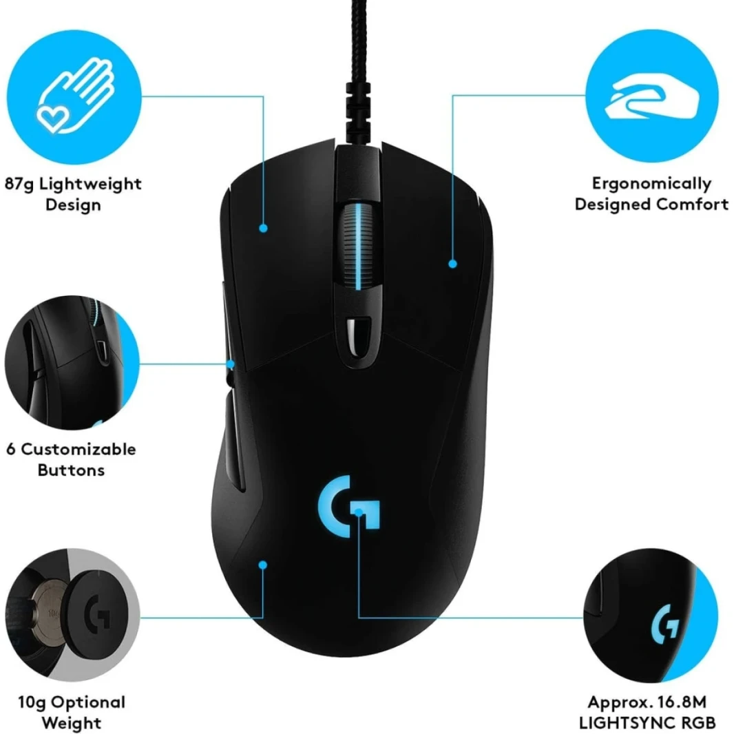 Logitech G403 Hero 25K Gaming Mouse ، Lightsync RGB ، خفيفة الوزن 87G+10G اختياري ، كابل مضفر ، 25 ، 600 نقطة في البوصة ، قبضة الجانب المطاطي ، الأسود