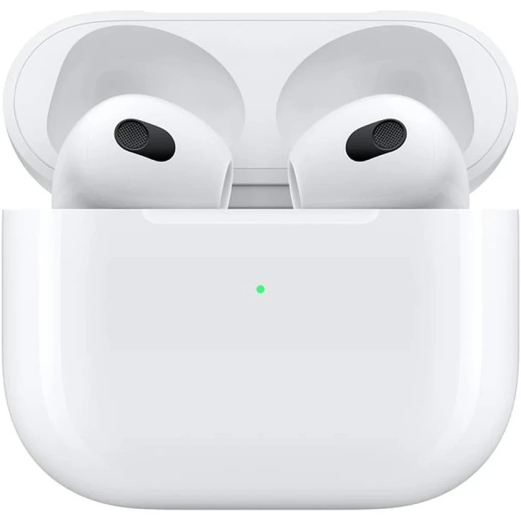 Apple Airpods 3rd Gen مع حالة شحن لاسلكية Magsafe ، الصوت المكاني مع تتبع الرأس الديناميكي ، مستشعر القوة للتحكم في الصوت/المكالمات ، تصل إلى 6 ساعات ، وايت ، أبيض