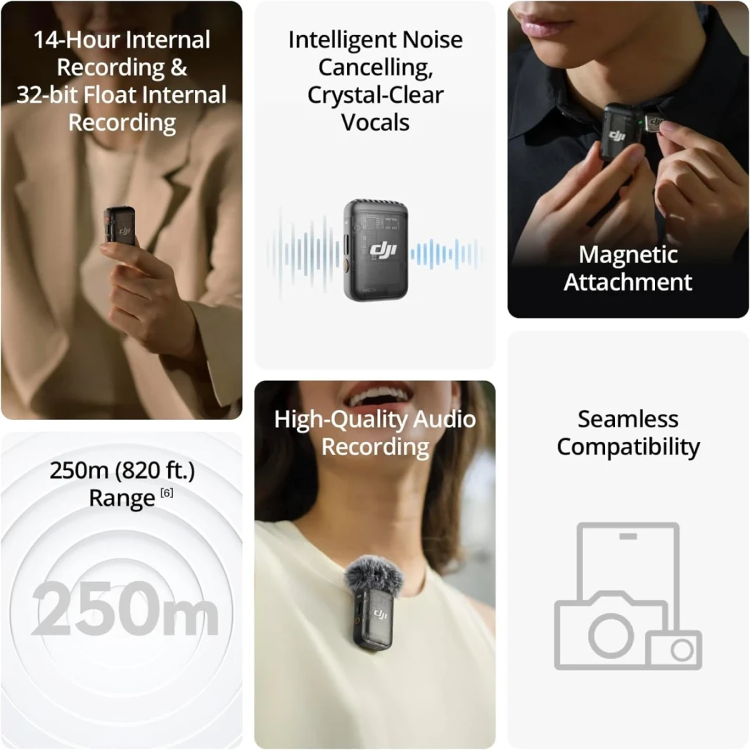 DJI MIC 2 (1 TX + 1 RX) ، الميكروفون اللاسلكي مع إلغاء الضوضاء الذكي ، تسجيل داخلي عائم 32 بت ، الصوت المحسن ، نطاق 250 متر (820 قدمًا) ، ميكروفون لجهاز iPhone ، Android ، الكاميرا ، مبلغ المدفوعات