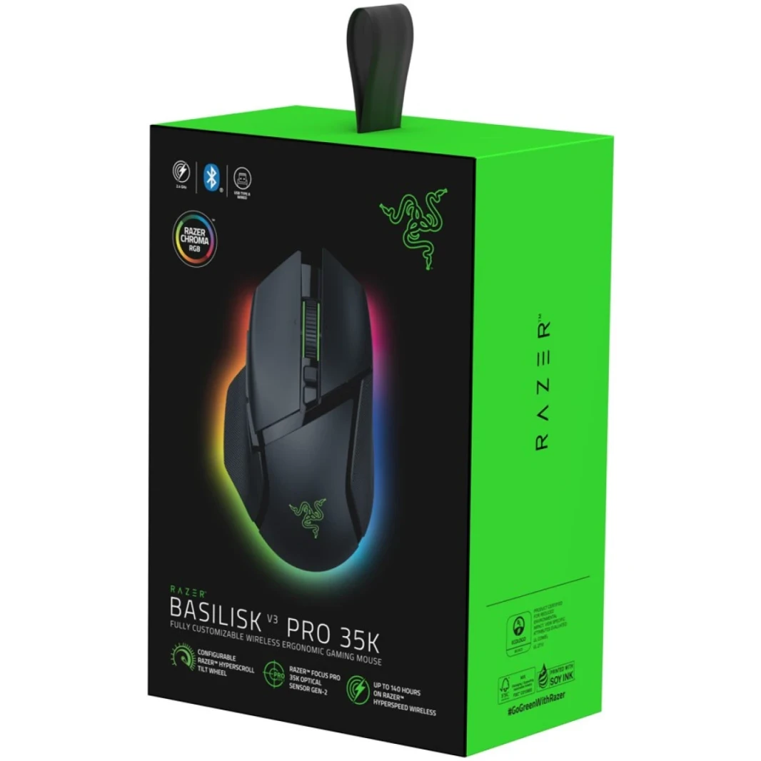 Razer Basilisk V3 Pro 35k Mouse Wireless Gaming Mouse ، Handed Handed ، Focus Pro 35K Optical Sensor Gen-2 ، 35000 Max DPI ، مفاتيح الماوس البصرية Gen-3 ، عجلة إمالة فرط الفصح 4 اتجاهات ، أسود