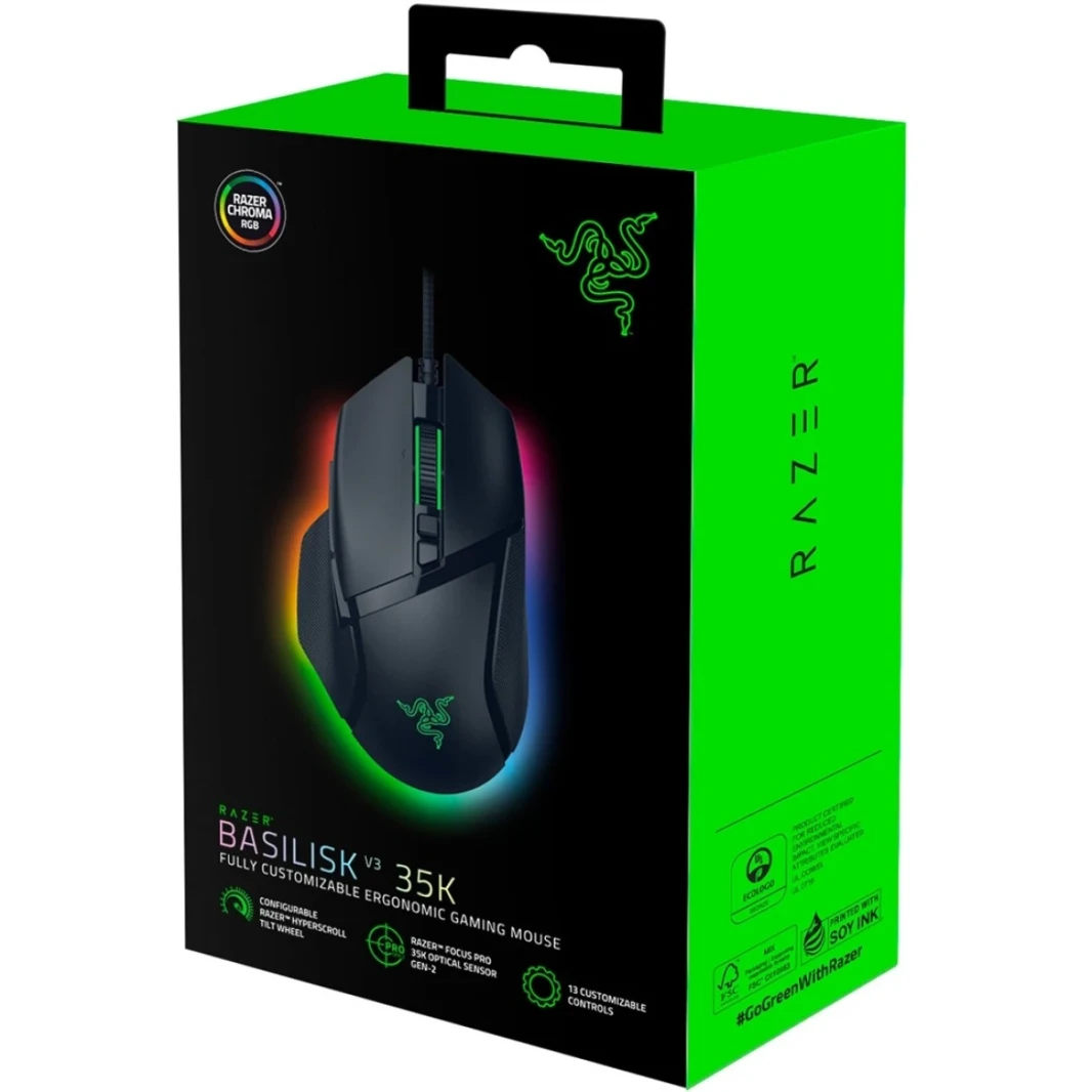 Razer Basilisk V3 35k الماوس السلكي ، اليد اليمنى ، Focus Pro 35k المستشعر الضوئي Gen-2 ، 35000 كحد أقصى DPI ، مفاتيح الماوس البصري Gen-3 ، و 4 اتجاهات Razer Hyperscroll Wheel ، Black