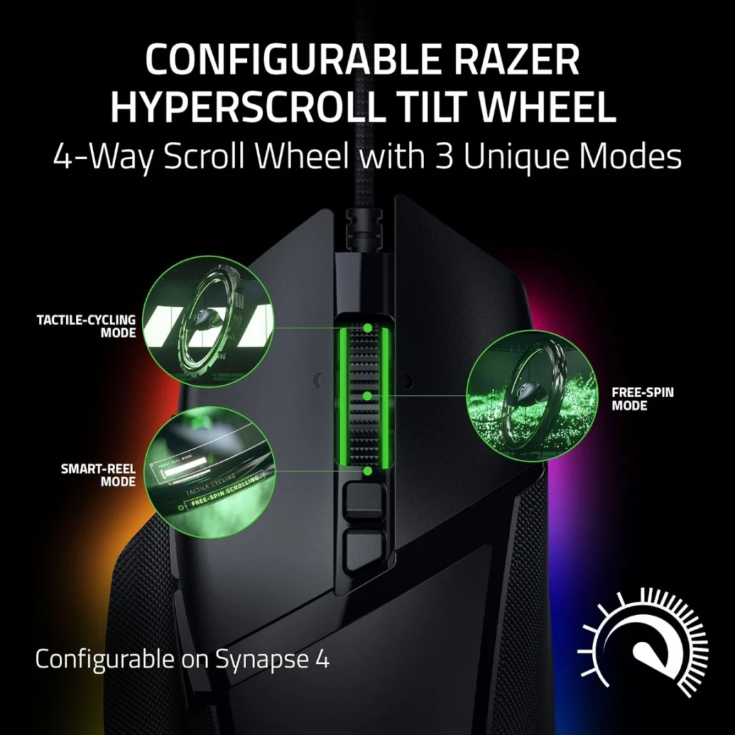 Razer Basilisk V3 35k الماوس السلكي ، اليد اليمنى ، Focus Pro 35k المستشعر الضوئي Gen-2 ، 35000 كحد أقصى DPI ، مفاتيح الماوس البصري Gen-3 ، و 4 اتجاهات Razer Hyperscroll Wheel ، Black