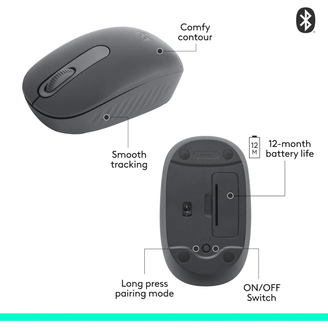 Logitech M196 Bluetooth اللاسلكي المضغوطة والبطارية المحمولة لمدة 12 شهرًا متماسكة مع تتبع سلس مع الكمبيوتر الشخصي و Mac و Windows و MacOS - الجرافيت
