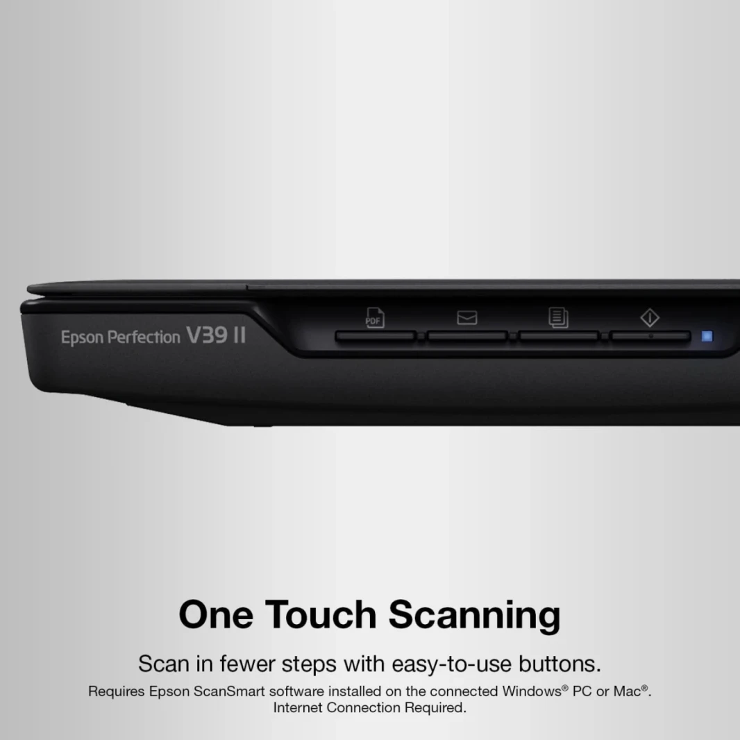 Epson V39 II Photo & Document Flatbed Scanner 4800 × 4800 نقطة في البوصة الدقة البصرية ، مستشعر صورة الاتصال ، حتى 10 ثانية/سرعة مسح الصفحة ، واجهة USB 2.0 Micro-AB ، الأسود