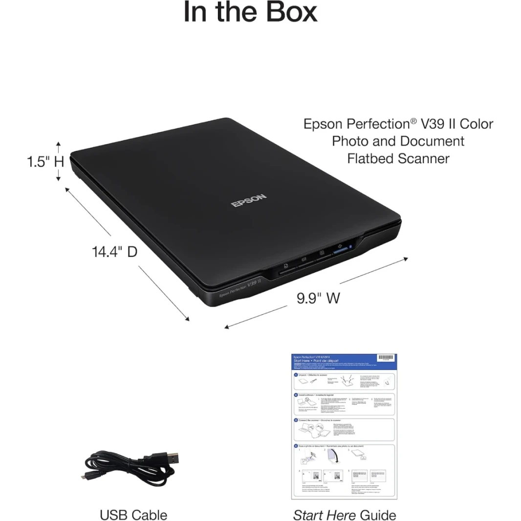 Epson V39 II Photo & Document Flatbed Scanner 4800 × 4800 نقطة في البوصة الدقة البصرية ، مستشعر صورة الاتصال ، حتى 10 ثانية/سرعة مسح الصفحة ، واجهة USB 2.0 Micro-AB ، الأسود