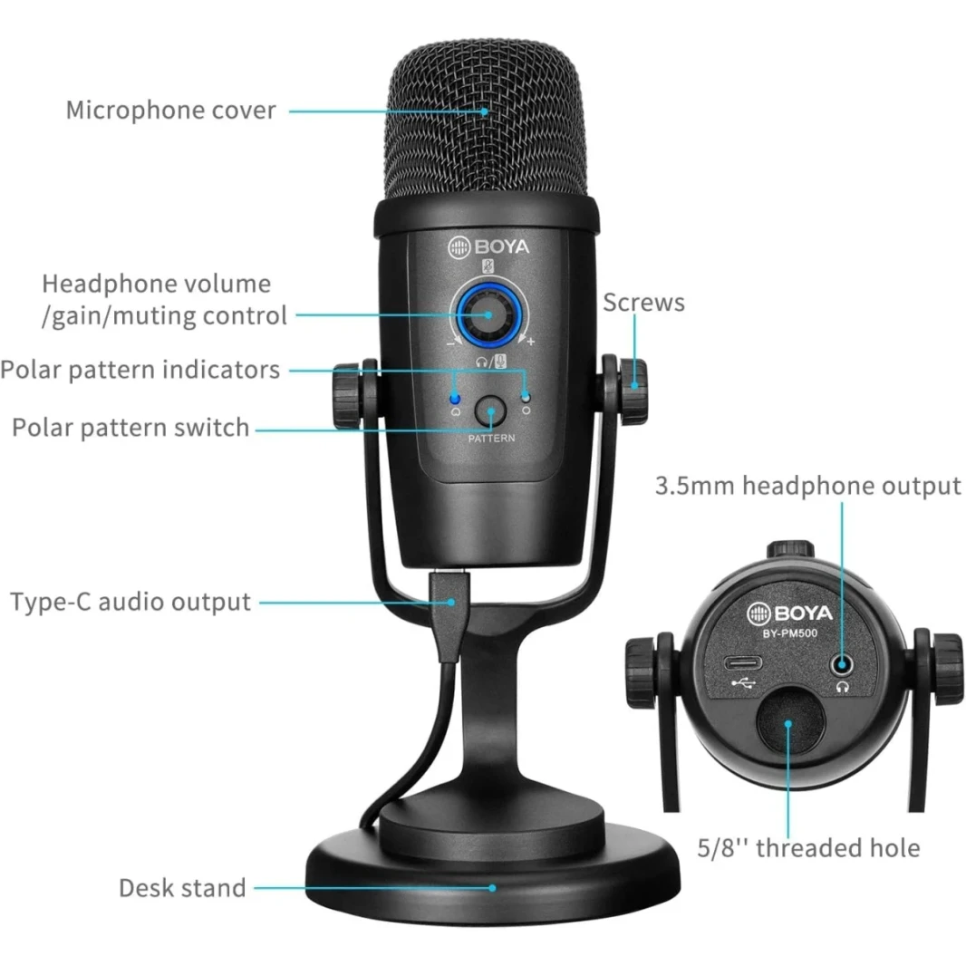Boya BY-PM500 USB مكثف ميكروفون مع موقف الجدول للبث ، بودكاست ، YouTube Windows Mac PC و Smartphone USB-C-Black