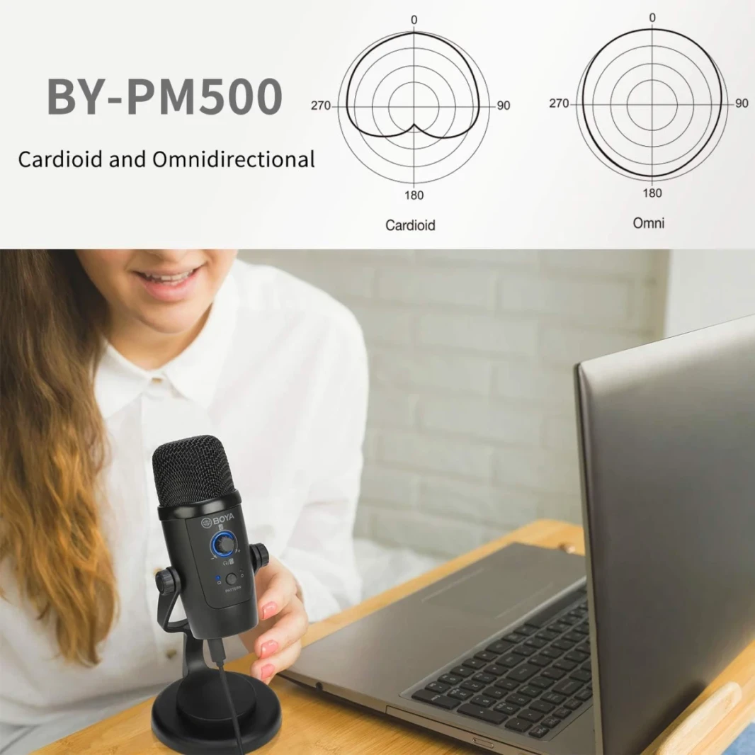 Boya BY-PM500 USB مكثف ميكروفون مع موقف الجدول للبث ، بودكاست ، YouTube Windows Mac PC و Smartphone USB-C-Black