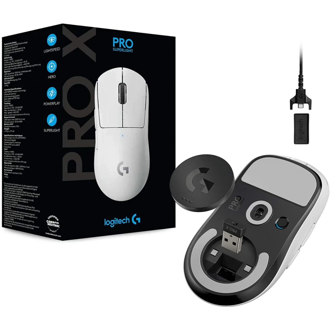 Logitech G PRO X SUPERLIGHT Wireless Ultra-Lightweight 63 Grams HERO 25K Sensor 25,600 DPI 5 Button - White