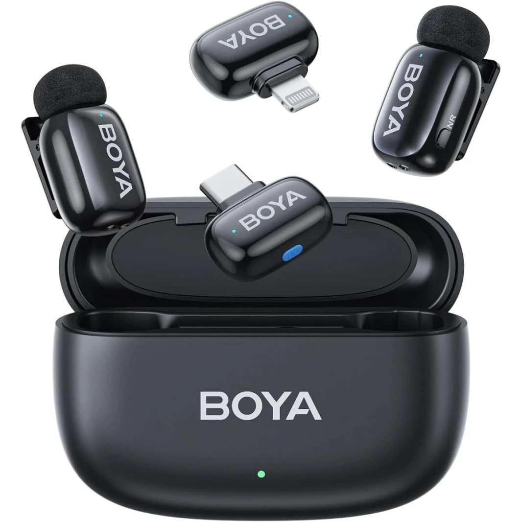 Boya Mini Wireless Microphone لـ iPhone/Android/PC/أقراص مع قابس USB C/Lightning ، معتمد من MFI ، تقليل الضوضاء ، مغير صوت AI ، عمر بطارية 30 ساعة مع حالة شحن لتسجيل الفيديو -