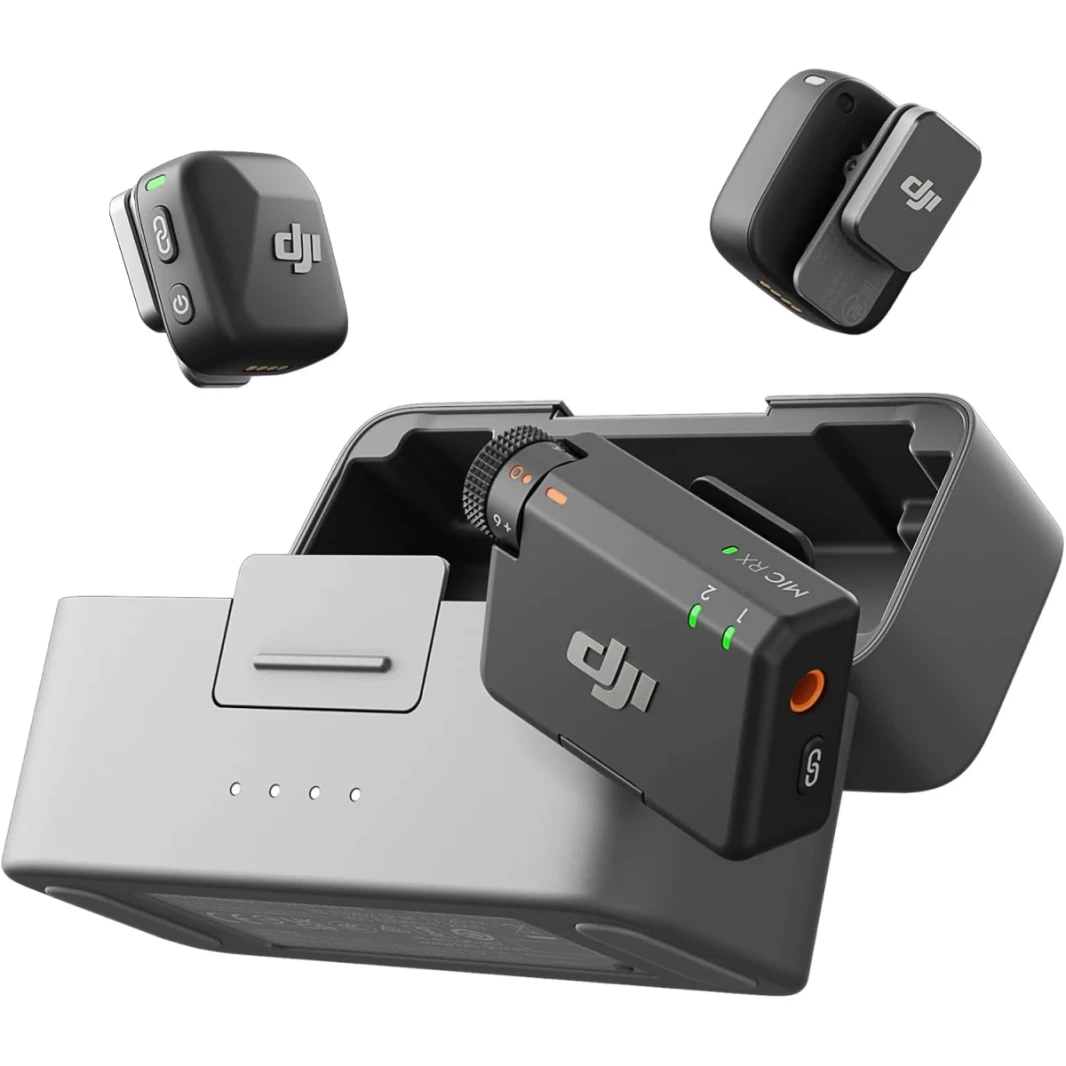 DJI MIC Mini (2 TX + 1 RX + CASE الشحن) ، الصوت الفائق ، الغني بالتفاصيل ، استخدام 48 ساعة ، إلغاء الضوضاء ، الحد التلقائي ، الميكروفون اللاسلكي للكاميرا/iPhone/Android ، VLOG ، دفق ، دفق