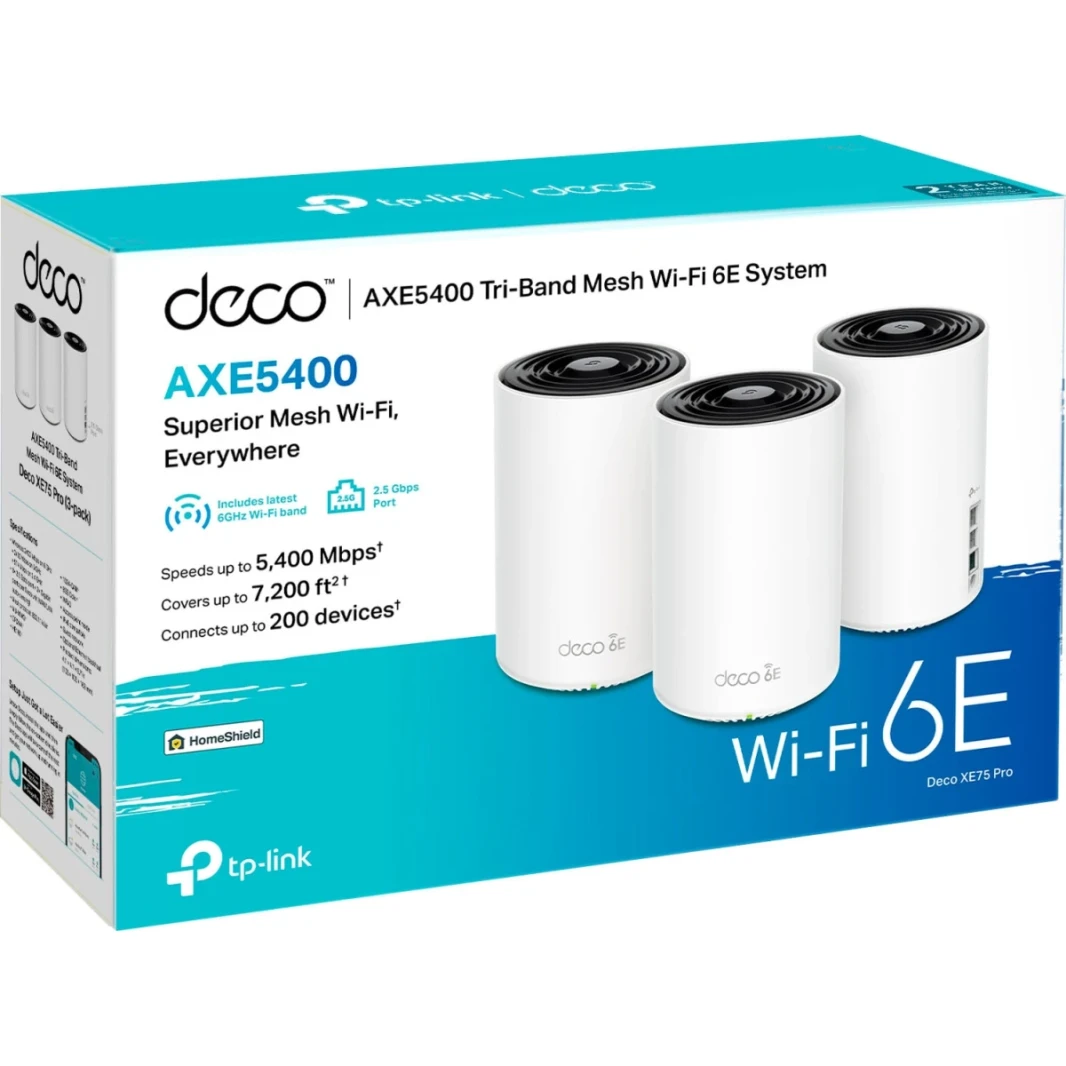 TP-Link Deco XE75 Pro Axe5400 Tri-Band Mesh Wi-Fi 6E ، وسرعات لاسلكية تصل إلى 5400 ميغابت في الثانية ، و AI-AI ، 2 2 Mu-Mimo ، Ofdma ، التوافق العالمي ، هوائيات عالية الدقة (3 حزمة) ، أبيض