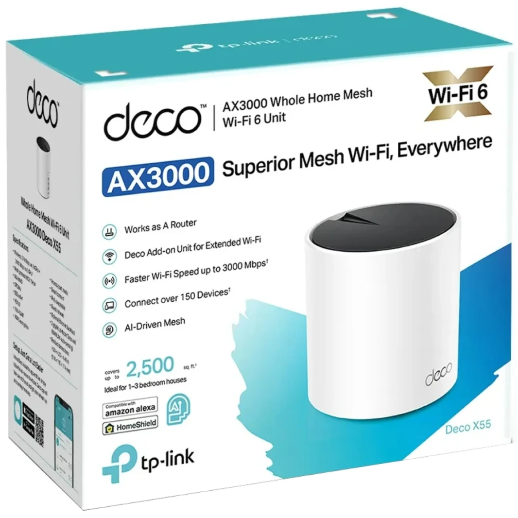يغطي نظام TP-Link DECO X55 AX3000 wifi 6 ما يصل إلى 2500 قدم مربع. يحل محل جهاز التوجيه اللاسلكي والموانئ 3 جيجابت لكل وحدة يدعم Ethernet Backhaul (حزمة واحدة)