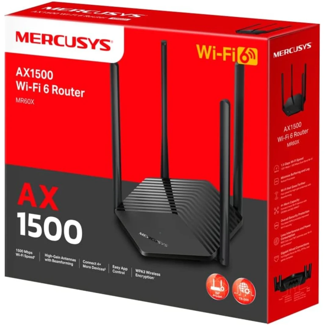 Mercusys MR60X AX1500 Wi-Fi 6 Router ، مزدوج النطاق ، السلكية/ اللاسلكية ، OFDMA ، MU-MIMO ، 4 هوائيات عالية الأداء ، منافذ جيجابت ، اتصال ذكي ، أمان WPA3 ، توفير الطاقة ، التحكم الوالدي ، شبكة الضيوف