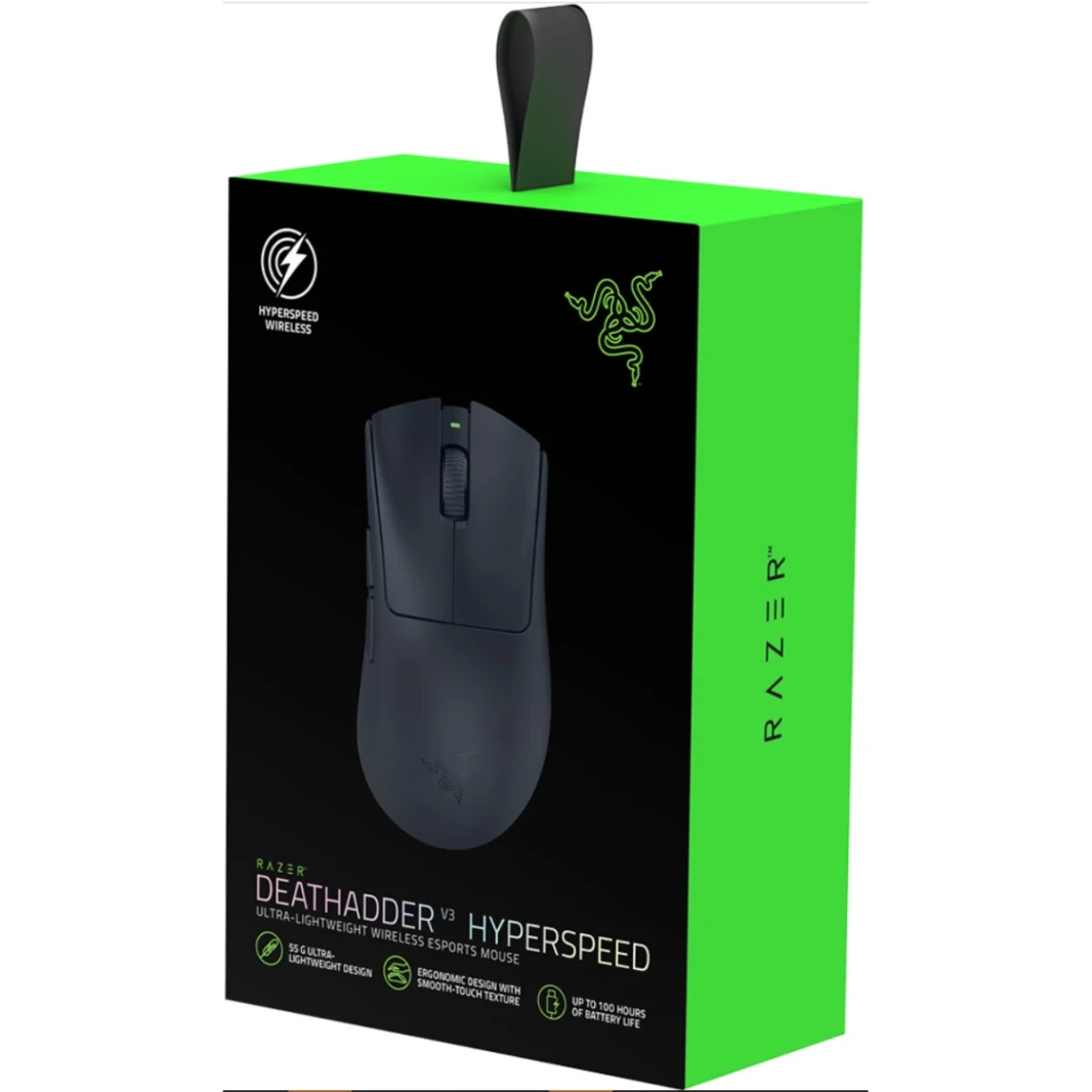 Razer Deathadder V3 Hyperspeed Wireless 55g خفيفة الوزن متقدمة 26K المستشعر البصري Gen -3 المفاتيح البصرية USB C الشحن حتى 100 ساعة بطارية - أسود