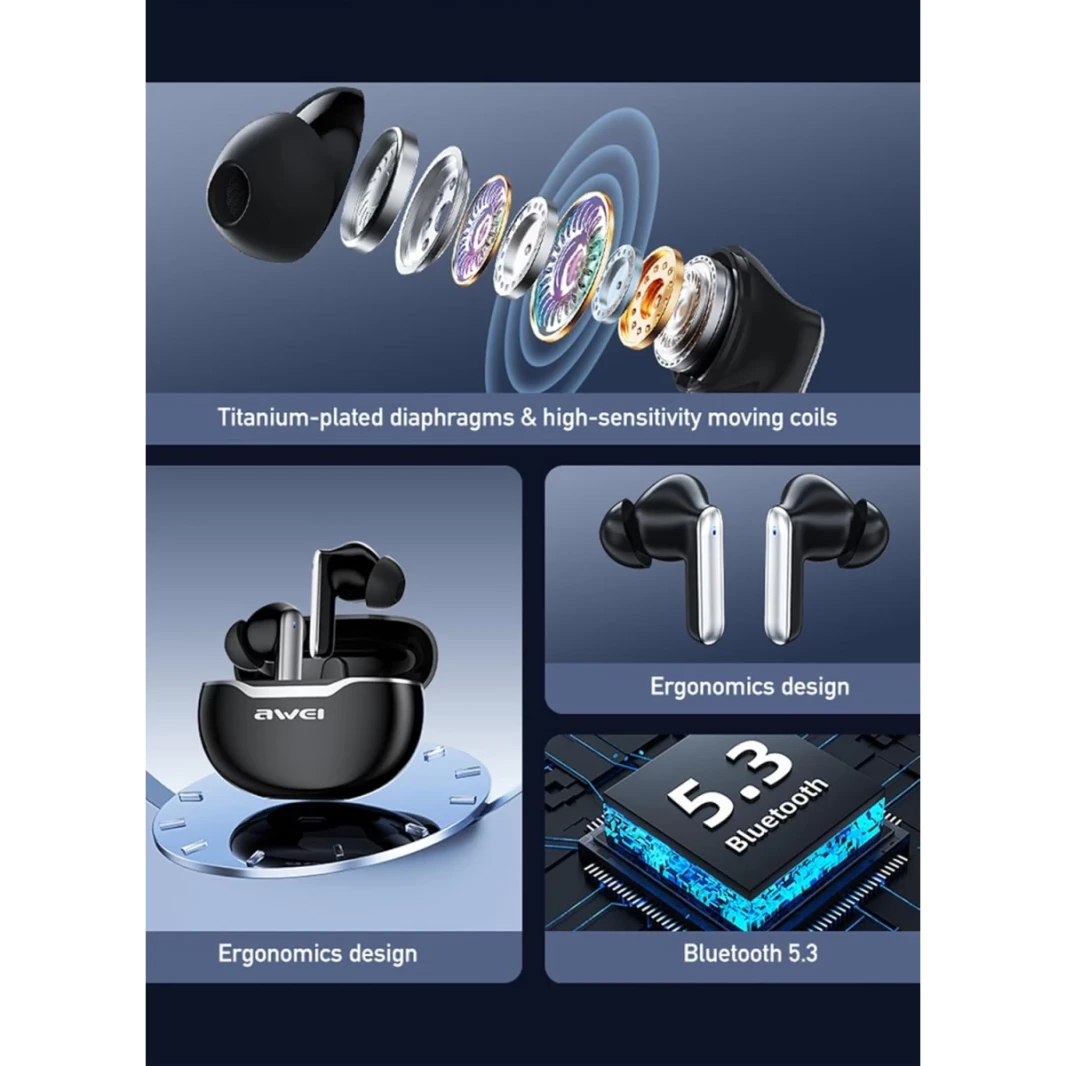 AWEI T50 ENC Wireless Headphones 4 MIC Bluetooth TWS سماعات الرأس HIFI التحكم اللمس في وضع زمن الحد الأدنى LOM