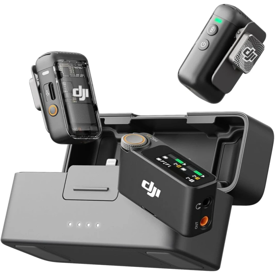 DJI MIC 2 Digital Wireless Wireless Lavalier Microphone ، إلغاء الضوضاء ، تسجيل داخلي 48 كيلو هرتز 32 بت ، يتراوح بين 820 قدمًا (250 مترًا) ، بطارية 18 ساعة مع حالة شحن ، ميكروفون للكاميرا/الهاتف ، مدونينات ، دفق