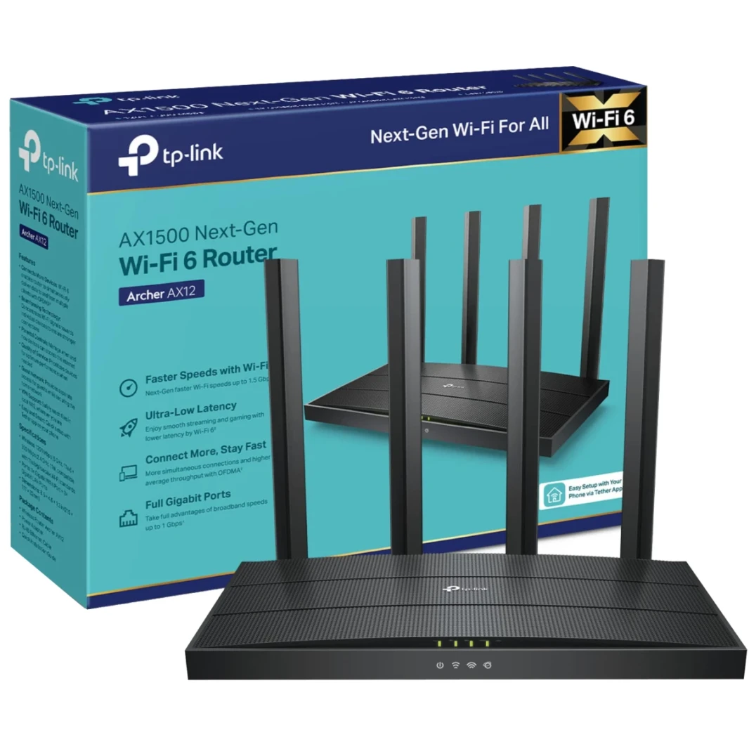 TP-Link Archer AX12 Wi-Fi 6 Router AX1500 Router ، شبكة مزدوجة النطاق 5 جيجا هرتز و 2.4 جيجا هرتز ، تصل إلى 1000 ميجابت في الثانية في الإنترنت ، أمان WPA3 ، 1201 ميغابت في الثانية (5 جيجا هرتز) + 300 ميغابت في الثانية (2.4 جيجا هرتز)-أسود أمن
