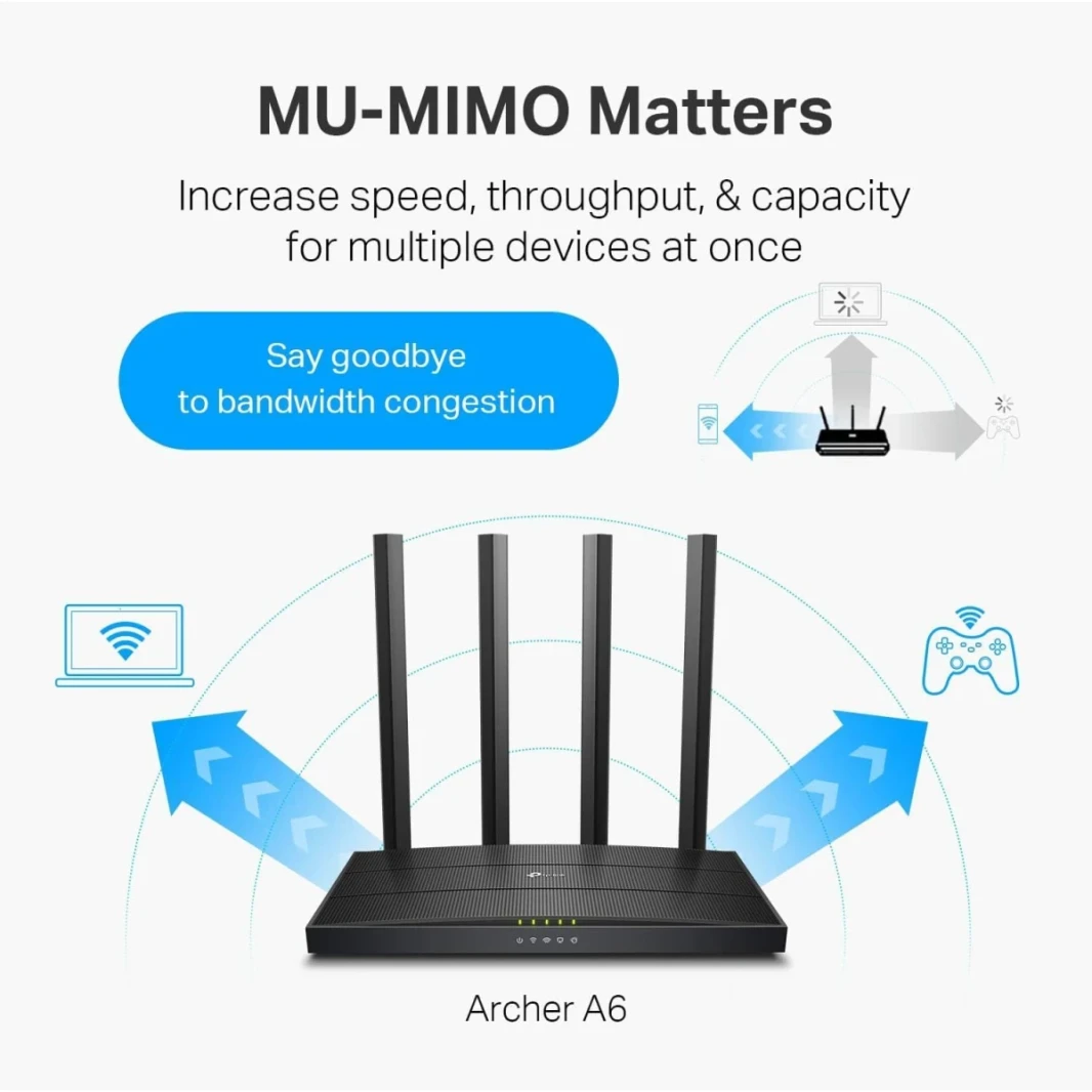 TP-Link Archer A6 AC1200 Gigabit WiFi Router Dual Band 4 x Antennas OneMesh & Access Point Mode Long Range Coverage