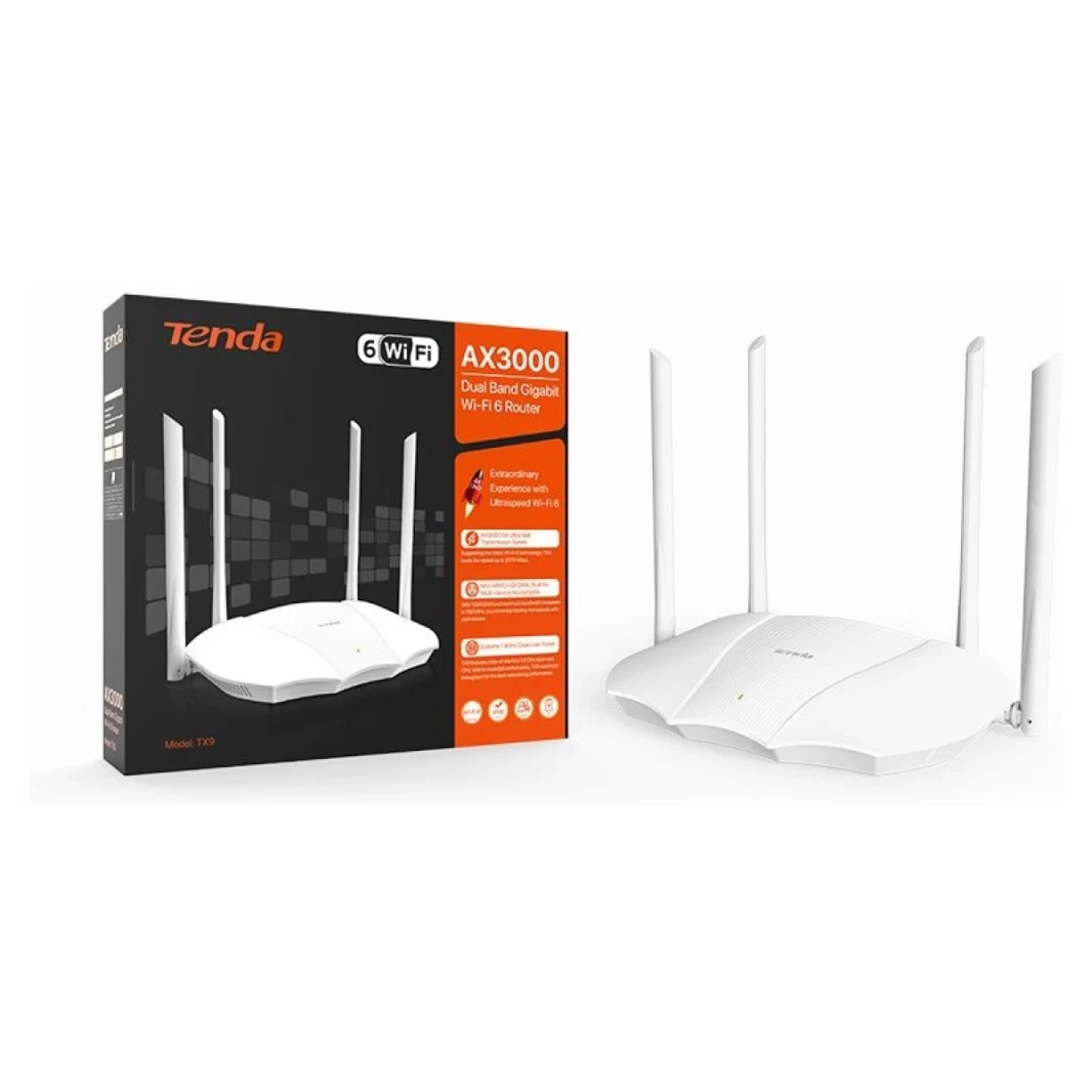 Tenda TX9 Pro Wi-Fi 6 Router AX3000 Dual Band (2.4 GHz / 5 GHz) 3 Port Gigabit Ethernet ، WPA3 Security ، Intel Chipset Processor 1.6 GHz +OFDMA ، التحكم الوالدي-أبيض
