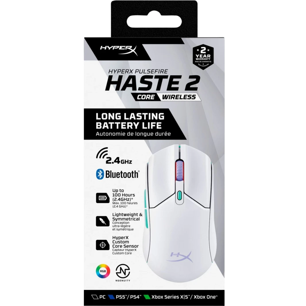 HyperX Pulsefire Haste 2 Core Wireless & Bluetooth Lightweight 59G Long Battery Life Up to 100 hours Long Battery Life Custom Core Sensor - White