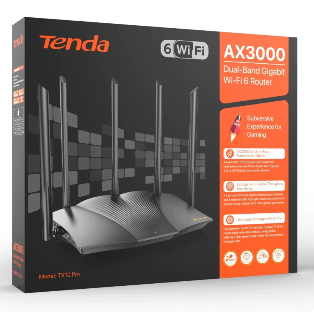Tenda TX12 Pro Wi-Fi 6 AX3000 Smart Wi-Fi Router, Dual Band Gigabit Wireless Internet Wi-Fi 6 Router, 5 * 6dBi High-Gain Antennas, 3 Gigabit LAN Ports, WPA3+OFDMA+MU-MIMO - Black