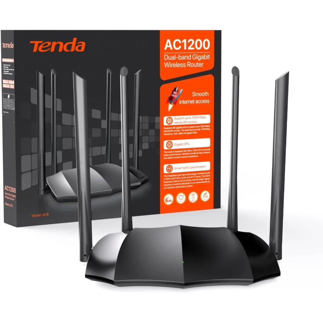 Tenda AC8 AC1200 Gigabit Wi-Fi Router - Dual Band High Speed Wireless Internet Router, 3xWAN/LAN Gigabit Ports, 4x6dBi Antennas, MU-MIMO, Beamforming, IPv6, Guest Wi-Fi