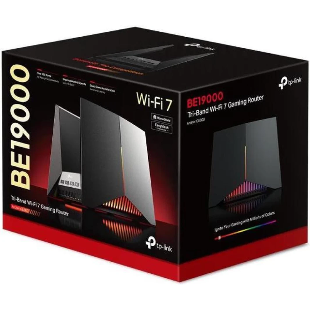 TP-Link Archer GE800 Tri-Band BE19000 Wi-Fi 7 Gaming Router 12-Stream 19 Gbps 2×10G + 4×2.5G Ports USB 3.0 Turbo Acceleration Dedicated Gaming Port & Panel
