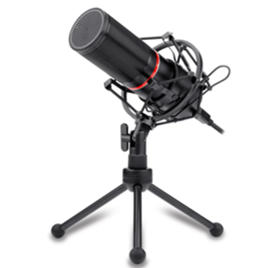 Redragon Blazar GM300 Maming Stream Microphone ، -45 ± 3DB حساسية ، ≤2.2kΩ مقاومة ، 20 هرتز -20 كيلو هرتز ، لون الدائرة المخصصة ، المكثف الكبير 16 مم ، حامل ثلاثي القوائم وعصابات الزجاج الأمامي