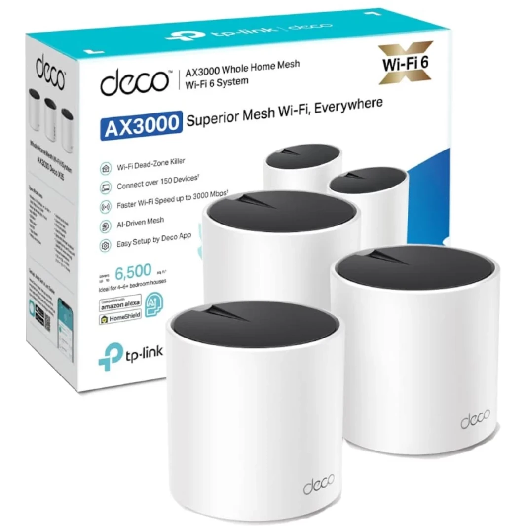 يغطي نظام TP-Link DECO X55 AX3000 WIFI 6 ما يصل إلى 6500 قدم مربع. يحل محل جهاز التوجيه اللاسلكي والموانئ 3 جيجابت لكل وحدة يدعم Ethernet Backhaul (3 حزم)