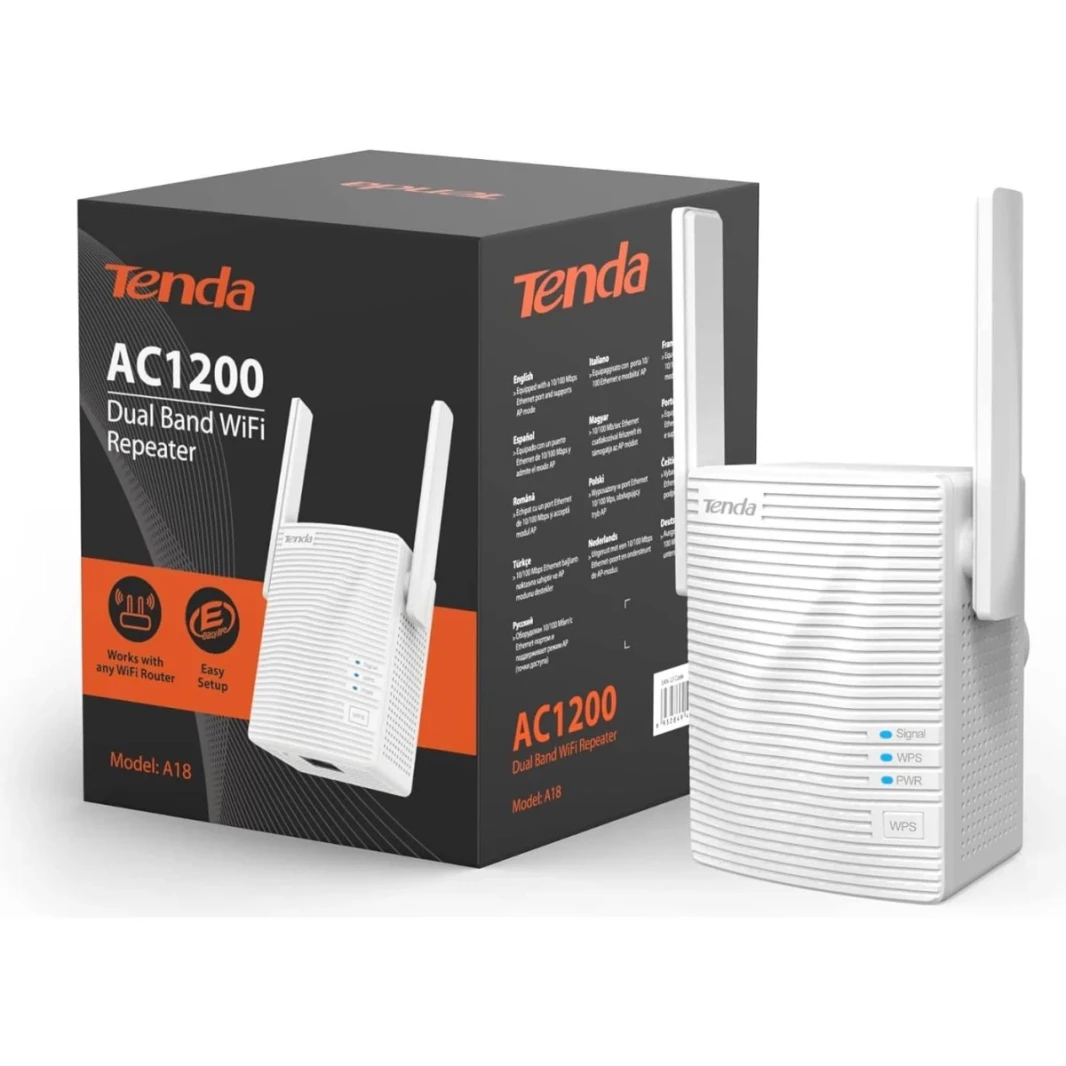 Tenda A18 AC1200 Dual Band Wi-Fi مكرر Wi-Fi ، النطاق العريض/موسع Wi-Fi ، و Wi-Fi Booster/Hotspot ، مع منفذ إيثرنت واحد ، يعمل مع جميع مزودي النطاق العريض