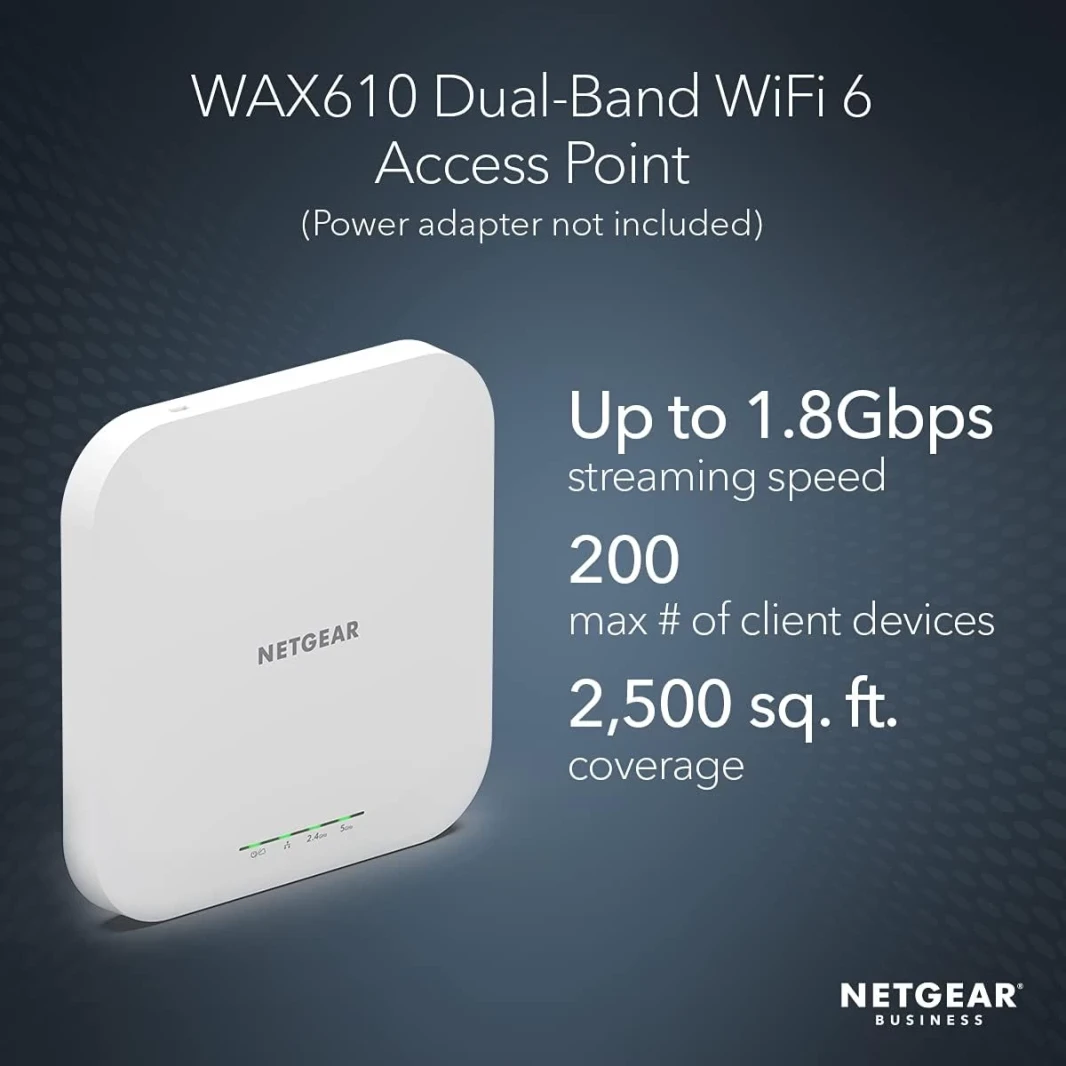NetGear (Wax610) Cloud Managed Access Point Wi-Fi 6 AX1800 Dual Band Poe مع 2.5GBE Port Multi Gig Insight Security Level Level