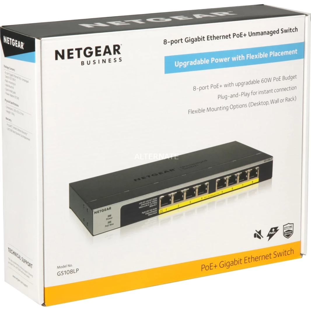 NetGear (GS108LP) 8-Port Gigabit Ethernet غير مُدارة POE/POE+ Switch 60W أو سطح مكتب أو جدار أو راكمونت
