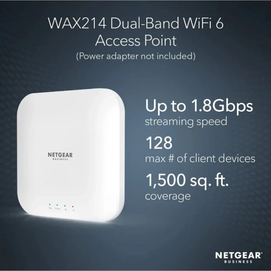 NetGear (Wax214) Wi-Fi 6 Access Point-Dual-Band Poe Point Point AX1800 Wireless Speed ​​| 1 × 1G Ethernet Poe Port | ما يصل إلى 128 جهاز | WPA3 الأمن | مو ميمو | محول الطاقة غير مدرج