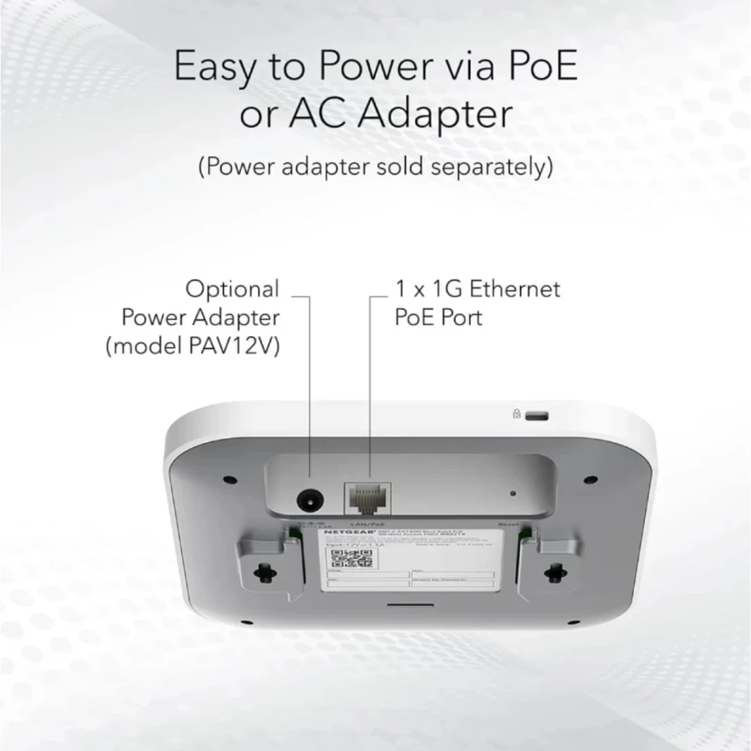 NetGear (Wax214) Wi-Fi 6 Access Point-Dual-Band Poe Point Point AX1800 Wireless Speed ​​| 1 × 1G Ethernet Poe Port | ما يصل إلى 128 جهاز | WPA3 الأمن | مو ميمو | محول الطاقة غير مدرج
