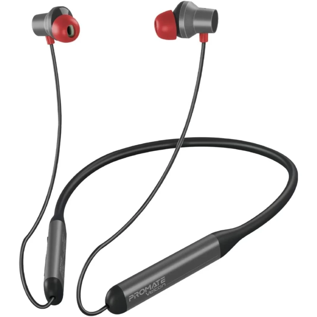 Promate Velcon Wireless Neckband Earphones Active Noise Cancelling Bluetooth Earphones w/ Anti-Slip Neckband IPX4 Sweat-Resistance & 35H Playtime - Black