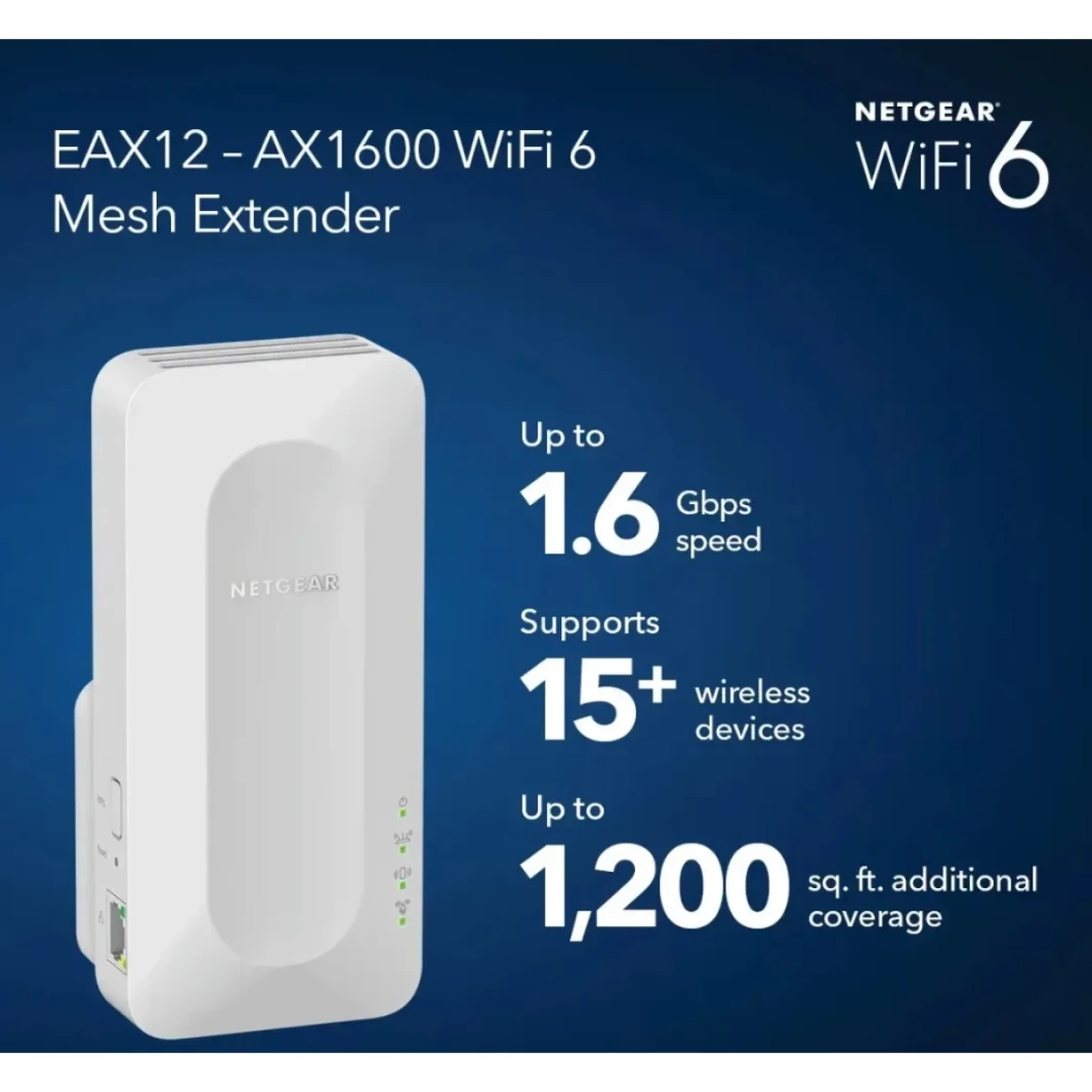 Netgear (EAX12) Wi-Fi 6 Mesh Range Extender AX1600 Dual-Band Wireless Signal Dooster & Repeater (تصل إلى 1.6 جيجابت في الثانية) ، أمان WPA3 ، التجوال الذكي