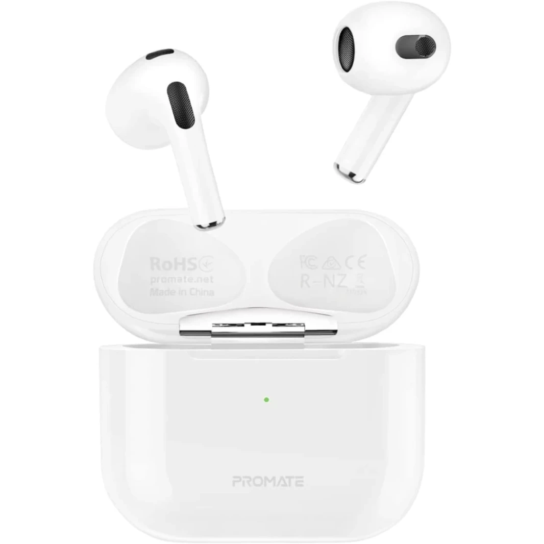 PROMATE FREEPODS-2 FIDELITY HIGH IN-OER Bluetooth v5.0 w/ MIC المدمج 25 ساعة وقت التشغيل التلقائي والشحن اللاسلكي-أبيض