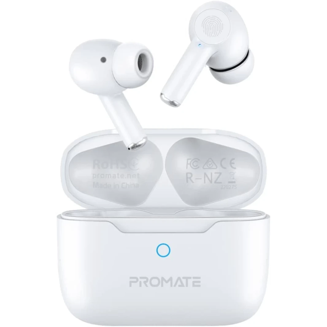 Promate ProPods True Wireless In-Ear Active Noise Cancelling Bluetooth v5.3 w/ Mic 25H Playback Time & Charging Case - White