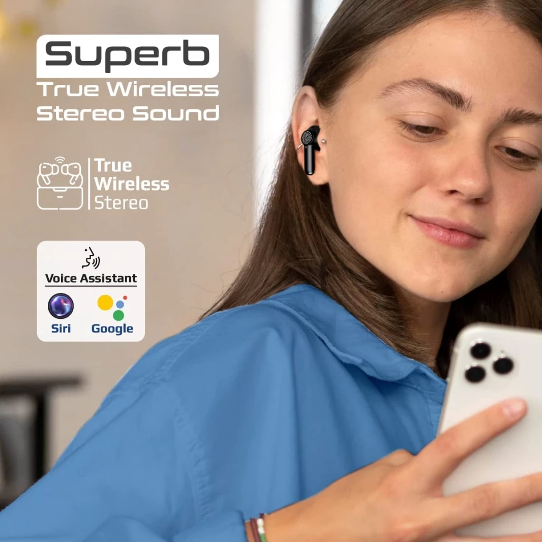 Promate Propods True Wireless In -Earn Active Noise إلغاء Bluetooth v5.3 W/ MIC 25H وقت التشغيل وشحن الحالة - الأسود